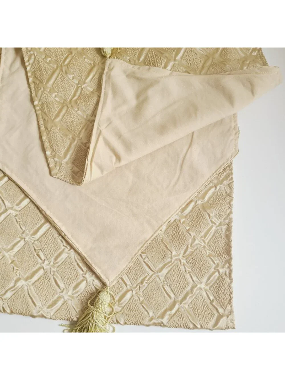 Vtg Y2K Table Runner Tapestry Geometric Pattern Gold Beige Tassels Glam